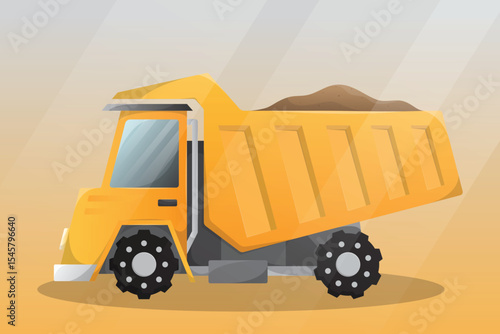 Dump truck tipper illustration. Heavy industrial machinery equipment vehicle. Truck for transportation of construction goods. Mechanism with large capacity for delivery of bricks. Yellow mining car.