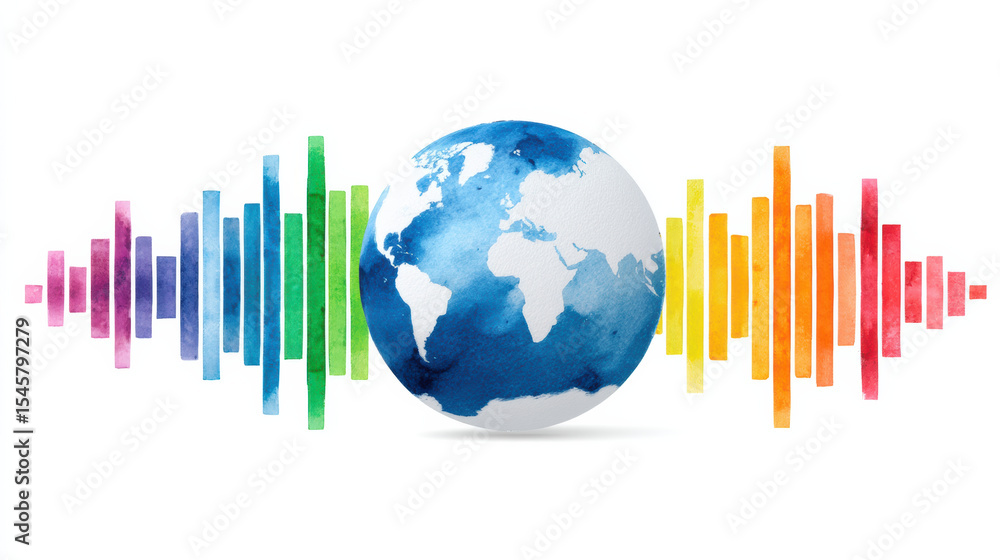 Obraz premium Watercolor globe with colorful sound wave bars in rainbow spectrum representing global communication and diversity