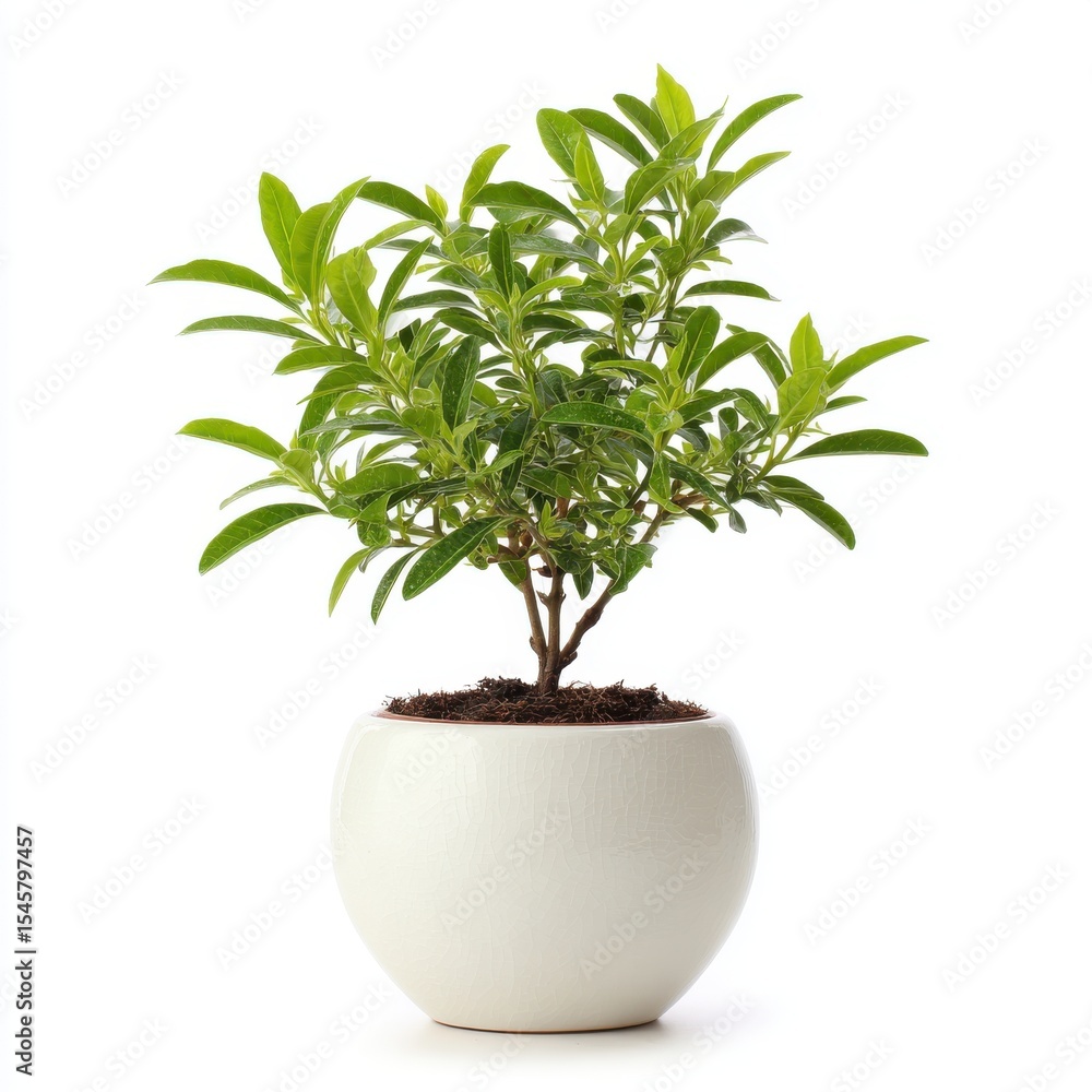 Lush Green Plant in Speckled White Pot Against White Background Lush Green Plant in Speckled White Pot Against White Background