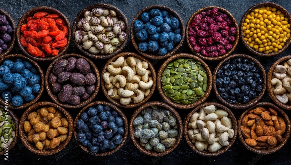 Overhead shot of numerous small, dark wooden bowls filled with an assortment of colorful dried fruits, nuts, seeds, and berries, arranged in neat rows against a dark background Overhead shot of numerous small, dark wooden bowls filled with an assortment of colorful dried fruits, nuts, seeds, and berries, arranged in neat rows against a dark background