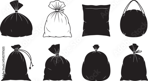 Set of black silhouette trash bags, pouches, and waste sacks with tied and untied options for waste management and disposal design