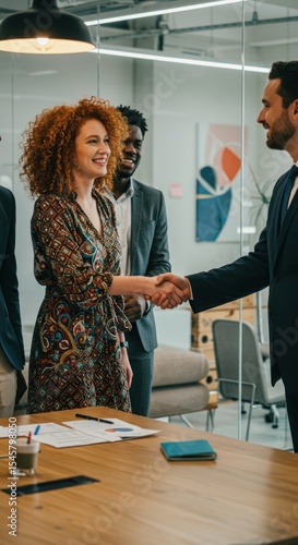 Businesswoman with Curly Hair Wearing Colorful Dress Shaking Hands with Businessman in Modern Office