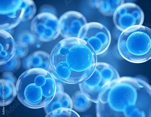 Close-up of blue exosome particles inside transparent spheres. 3D illustration of exosomes in biotechnology. Scientific visualization related to cosmetology and trichology.enerated image.