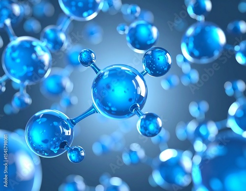 Close-up of blue exosome particles inside transparent spheres. 3D illustration of exosomes in biotechnology. Scientific visualization related to cosmetology and trichology.enerated image.