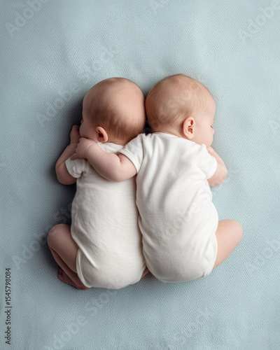 Adorable newborn twins lying on a soft pastel blanket, curled up side by side in matching white onesies.