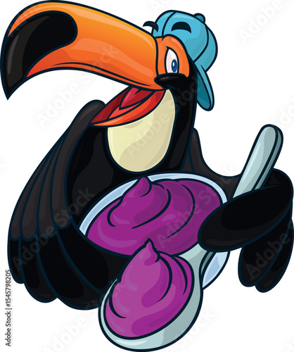 TOUCAN CHARACTER WITH CAP EATING AÇAI FROM A BOWL