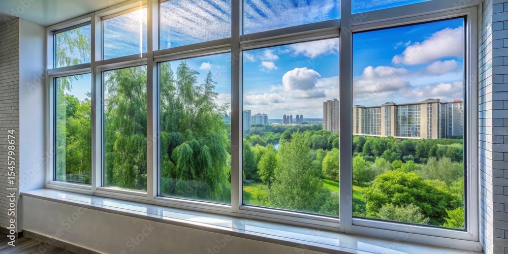 Sunlight streams through a large window showcasing a vibrant green landscape and a distant cityscape beyond Sunlight streams through a large window showcasing a vibrant green landscape and a distant cityscape beyond