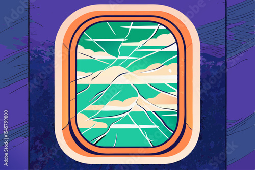 Damaged airplane window, teal and orange, for travel blogs