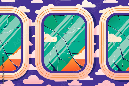 Airplane windows, cracked glass, stylized illustration, for travel blogs