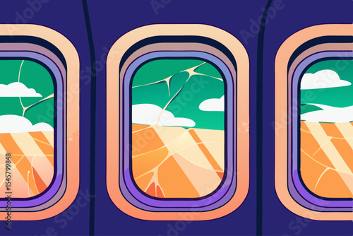 Airplane windows, cracked glass, landscape view, travel disruption, for website design
