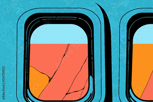 Airplane window, cracked, illustration, orange and blue, travel imagery, for websites