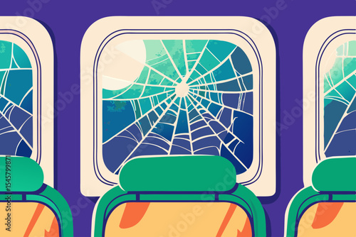 Airplane window, cracked, spiderweb design, for travel blogs