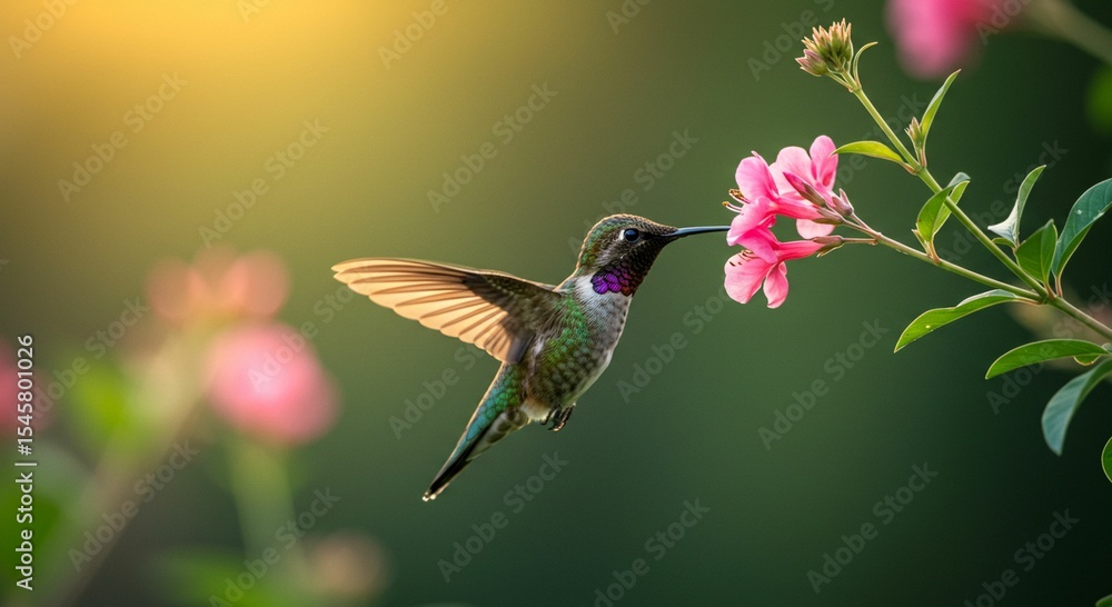 Naklejka premium Hummingbird near pink flower