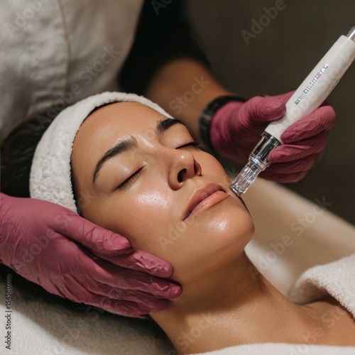 Partial female cosmetologist doing hydra facial therapy of young caucasian woman