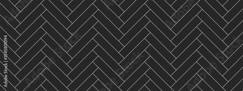 Black herringbone floor with visible white tile lines. Seamless pattern shows repeating texture in modern layout. Geometric surface design for various uses. Vector illustration.
