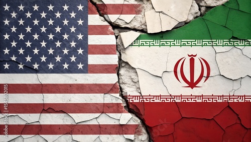 Cracked Flags of USA and Iran Depicting Diplomatic Breakdown and Political Tension