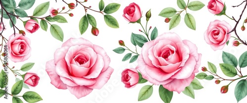 Delicate pink rose watercolor set; botanical garden flowers, leaves, branches, greenery, wedding floral, herbs, tropical foliage,  foliage,  texture