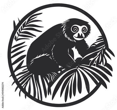A detailed silhouette of a gibbon perched among lush tropical leaves.