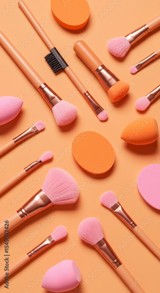 Makeup brushes and sponges on orange background Makeup brushes and sponges on orange background