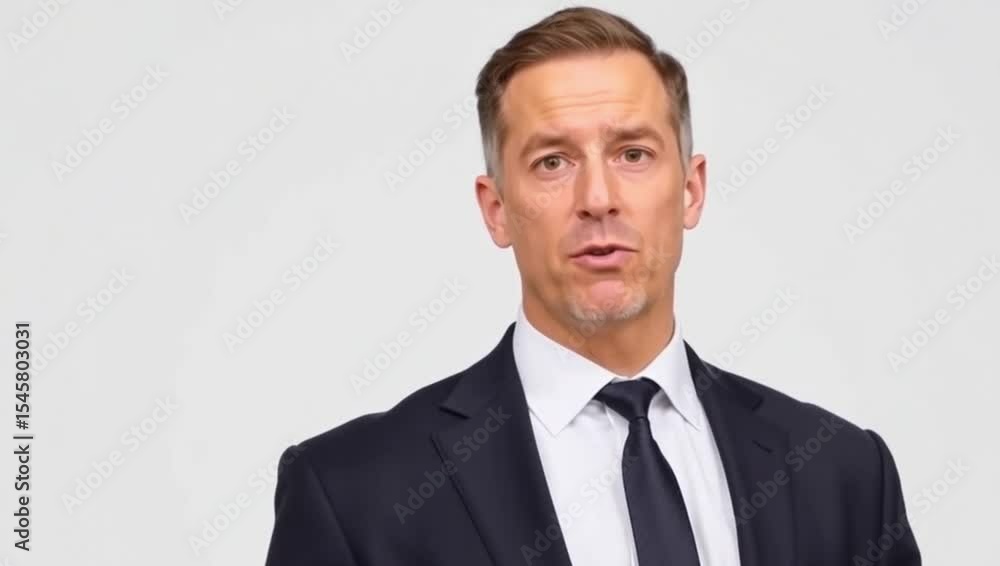 A confident businessman speak directly to the viewer with subtle facial expressions A confident businessman speak directly to the viewer with subtle facial expressions