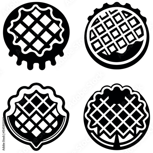 Four Round Waffle Variations With Different Edges And Toppings Black and White Graphics