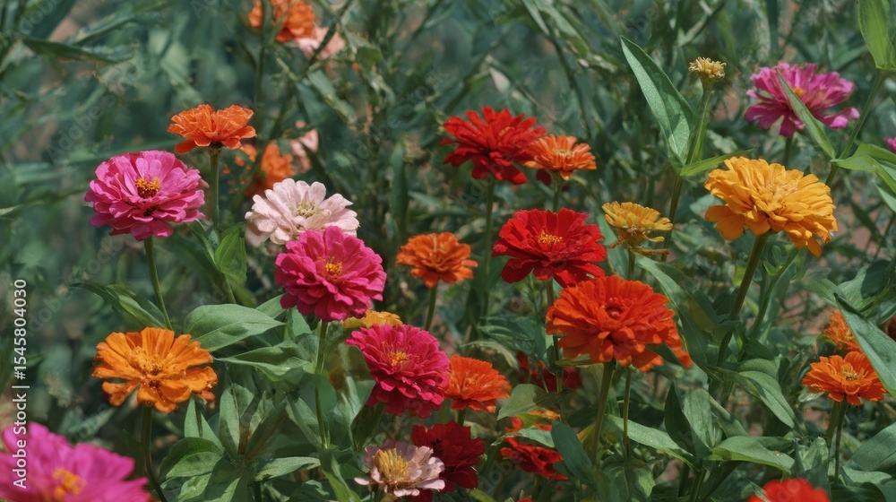 A vibrant display of zinnias in full bloom, showcasing a variety of colors in a lush green garden setting A vibrant display of zinnias in full bloom, showcasing a variety of colors in a lush green garden setting