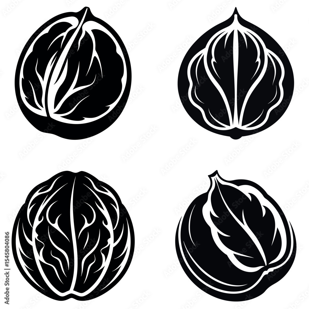 Naklejka premium Abstract Four Black and White Walnuts with Intricate Interior Design
