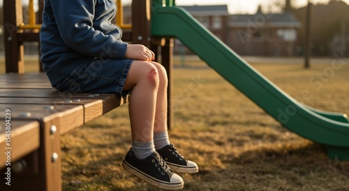 Boy with scraped knee sits on playground bench in the golden hour light