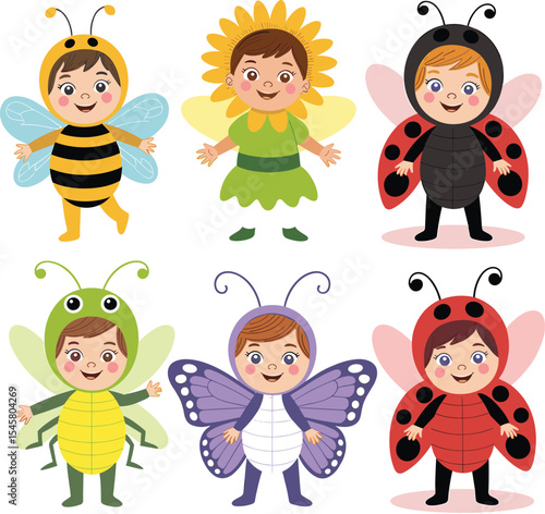 Adorable Diverse Kids Dressed in Cute Insect and Flower Costumes, Including Bee, Ladybug, Butterfly, and Sunflower, Illustrating Playful Childhood, Imagination, and Nature-Inspired Fun Activities.