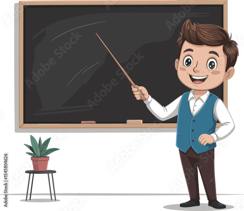 Friendly Male Teacher Cartoon Character Standing Confidently in Front of a Chalkboard with a Pointer, Representing Education, Learning, Classroom Instruction.