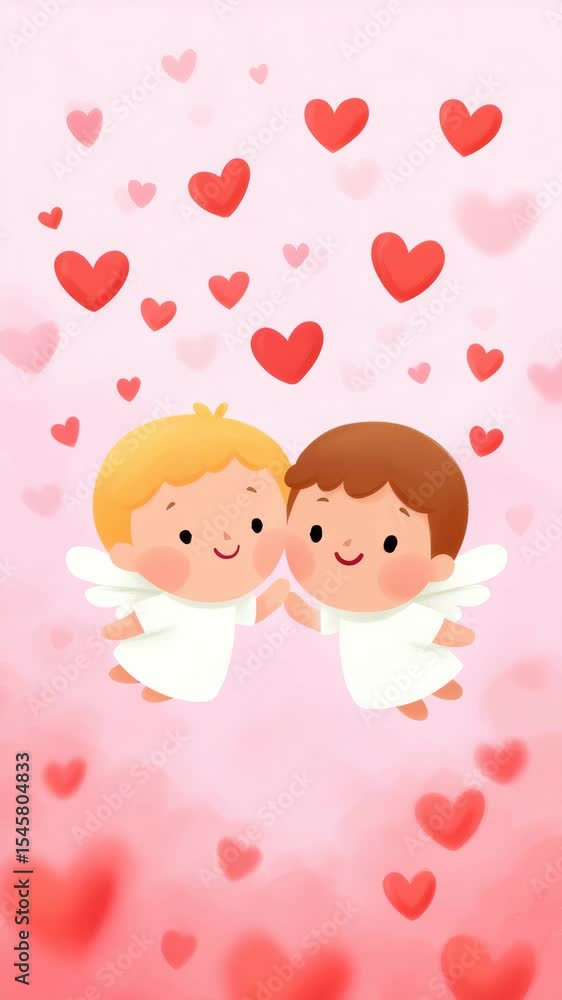 Two Cute Angelic Children with White Wings and Floating Pink Hearts in Dreamy Background Two Cute Angelic Children with White Wings and Floating Pink Hearts in Dreamy Background