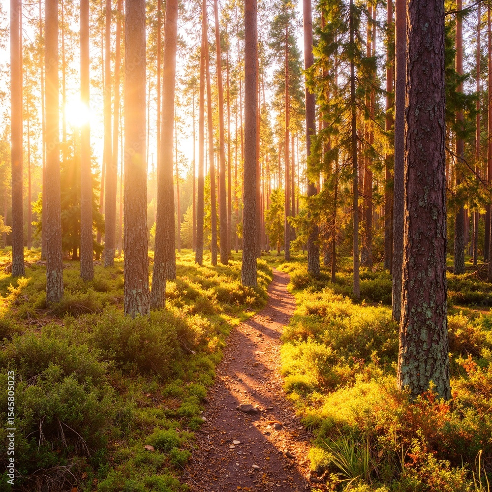 Obraz premium A serene forest path dappled with sunlight, surrounded by lush green trees and vibrant foliage, inviting exploration and tranquility.