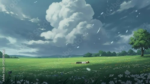 Peaceful Meadow in Anime Style – Restful Nature Scene