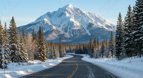 Snowy mountain road through forest