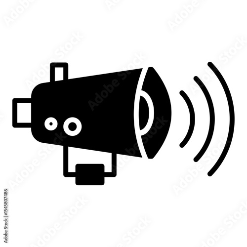 Bold silhouette of a megaphone emitting sound waves, representing public address, announcements, or communication.