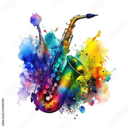 Colorful saxophone silhouette, vibrant rainbow splatter paint, abstract musical instrument art, dynamic jazz illustration