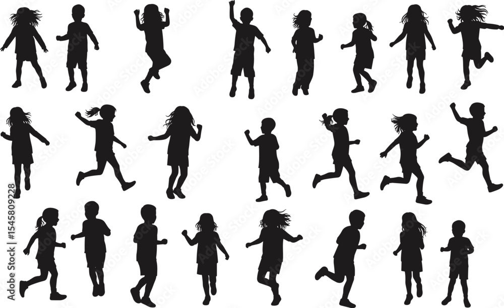 Fototapeta premium Children silhouette collection, playful movement poses, running jumping dancing, active kids vector, fun childhood moments, black graphic artwork, energetic youth design, outdoor motion scene