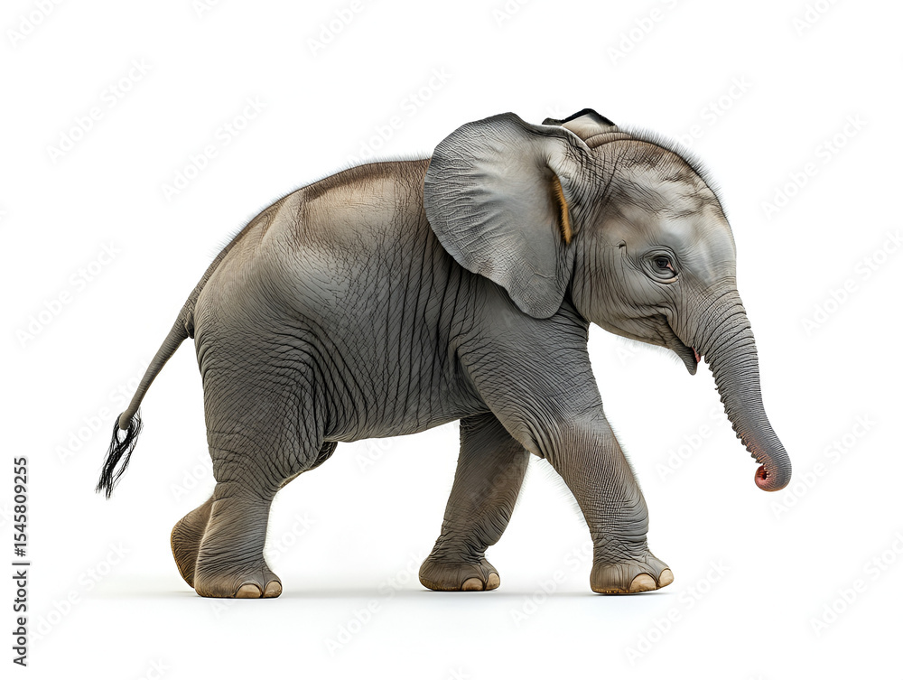 Obraz premium A young elephant calf walks gracefully across a bright white background, showcasing its features.
