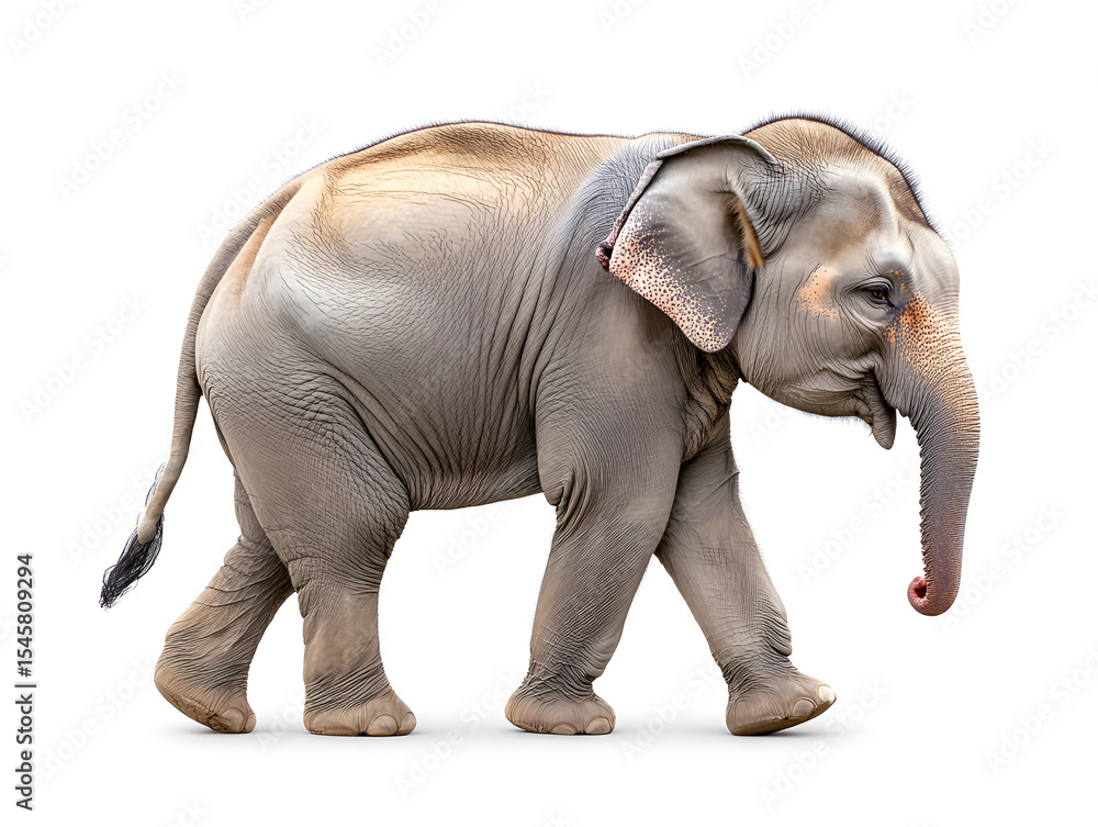 Obraz premium An Asian elephant walks from left to right, its trunk slightly raised, against a stark white background.