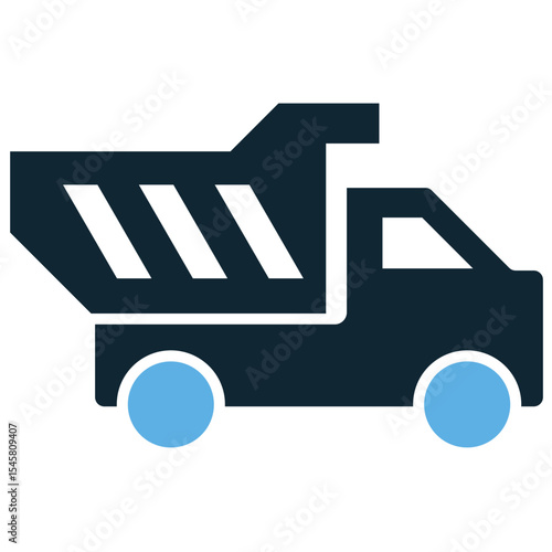 Dump truck icon vector, symbolizing heavy hauling, construction, and earthmoving. Ideal for themes of logistics, mining, waste management, and site development.