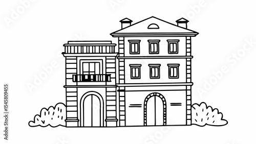 Illustration of a two story building with arched doorways and shrubbery on either side in black and white created with generated ai