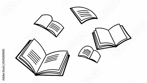 Illustration of several open books with blank pages floating in a scattered arrangement on white background created with generated ai