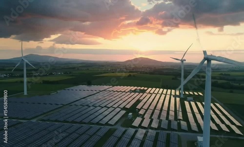 Dramatic Countryside Landscape with Solar Panel Farm and Wind Turbines at Sunset