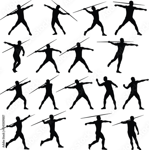 Javelin throw silhouette, athletic sports vector, dynamic athlete pose, black action figure, strength and motion artwork, Olympic training illustration, fitness competition design concept