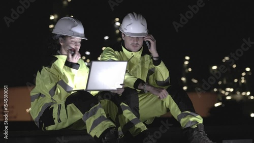 Engineers Working On Site at Night with Laptop, Team of Industrial Workers with Laptop at Night, Engineers Collaborating at Manufacturing Plant
