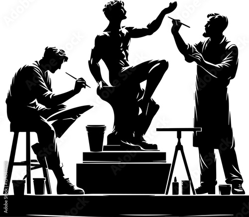 Artists sculpting and painting statue in workshop with tools  