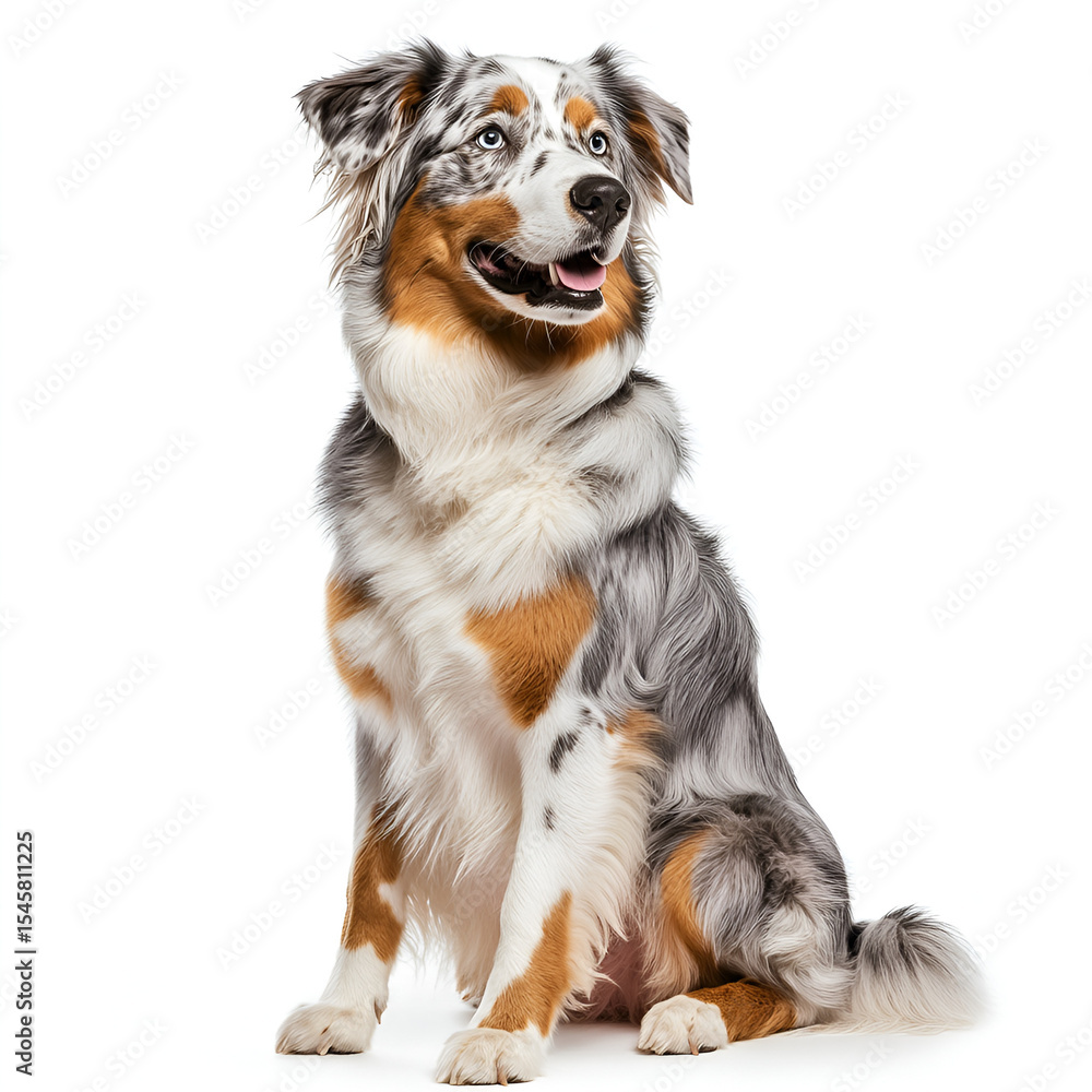 Australian Shepherd dog, sitting, looking upward, against white background, studio shot. Australian Shepherd dog, sitting, looking upward, against white background, studio shot.