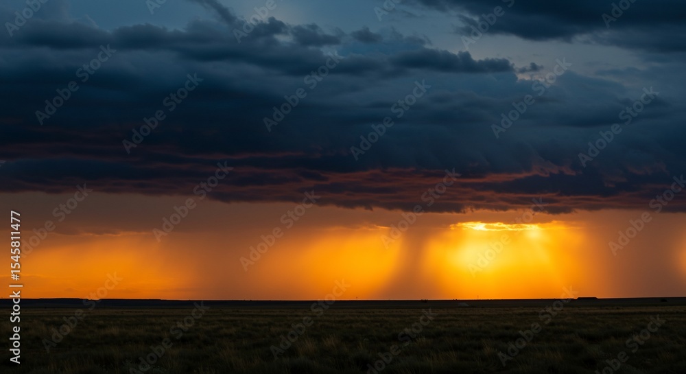 Obraz premium Dramatic sunset over prairie with dark storm clouds and golden rain shafts