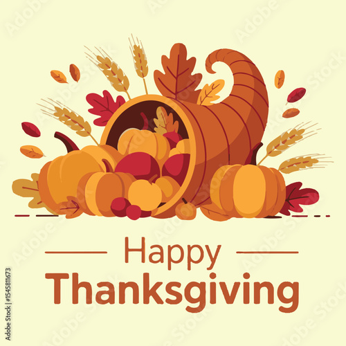 Happy Thanksgiving Cornucopia with Autumn Harvest Fruits and Vegetables

