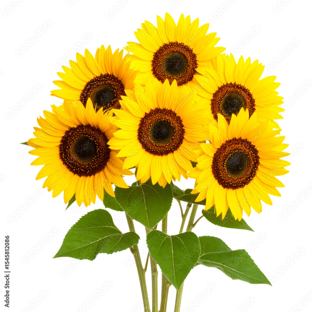 Fototapeta premium “Curved Branch of Sunflowers with Blooming Petals, isolated on a transparent background”